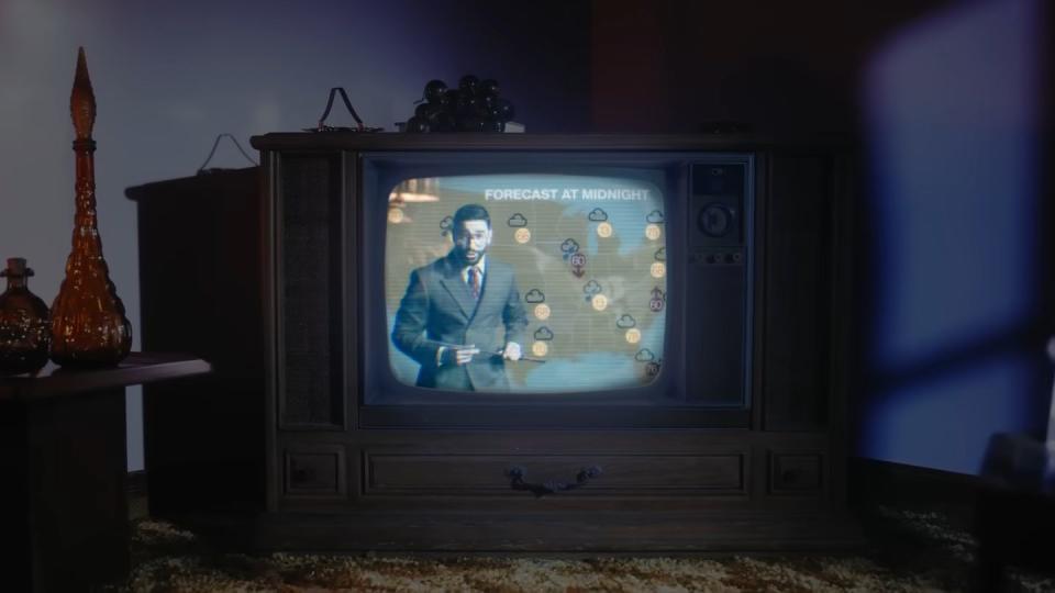 laith ashley as the weatherman in the lavender haze music video