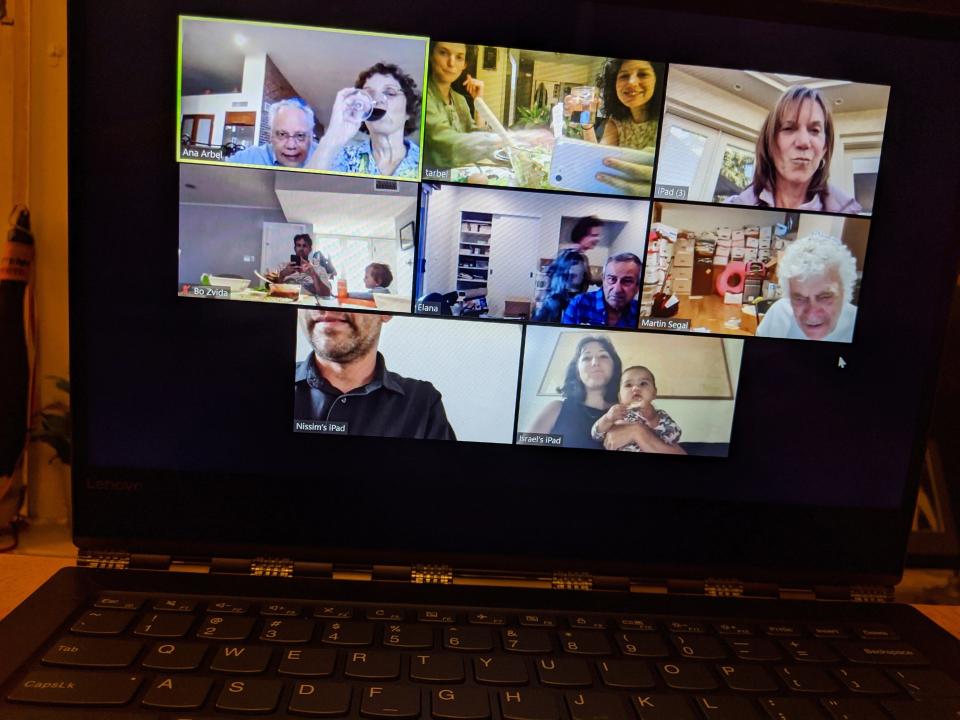 In this April 8, 2020, photo, Tali Arbel and her family and friends from other places are pictured on a New York computer screen during a virtual Seder for Passover. (AP Photo/Tali Arbel)