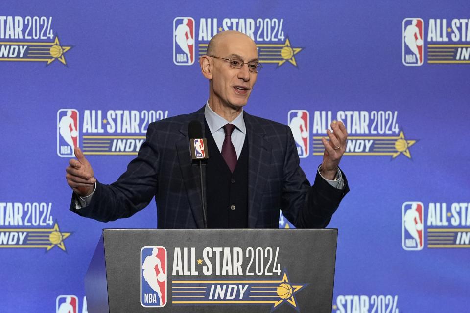 NBA Commissioner Adam Silver spoke during the NBA Basketball All-Star weekend press conference in Indianapolis, Saturday, February 17, 2024.  (AP Photo/Daron Cummings)