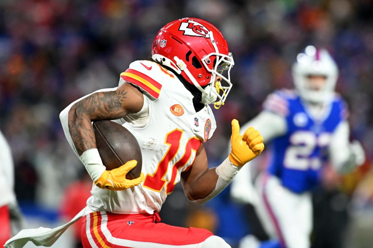 Jan 21, 2024; Orchard Park, New York, USA; Kansas City Chiefs running back Isiah Pacheco (10) rushes the ball against the Buffalo Bills in the first half of the 2024 AFC divisional round game at Highmark Stadium. Mandatory Credit: Mark Konezny-USA TODAY Sports