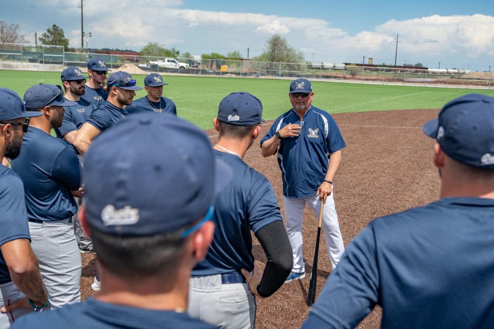 Northern Colorado Owlz head coach Frank Gonzales shares a story with the team before a practice at Future Legends Sports Complex in Windsor on Wednesday.