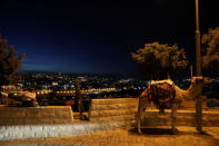 People sit together next to a camel at the look-out point of Mount Olives opposite to the Dome of the Rock and Jerusalem's Old City December 4, 2017. REUTERS/Ammar Awad