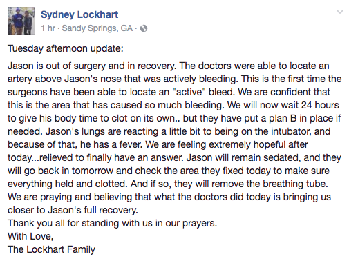 Jason Lockhart's sister, Sydney, gave an update on his condition Tuesday. (Screenshot via Sydney Lockhart's Facebook page)