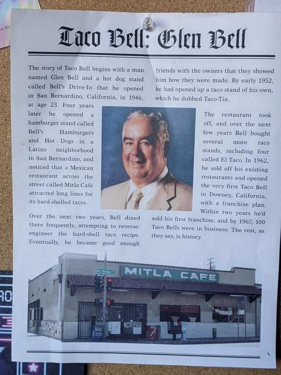 A photo of a piece of paper at Mitla Cafe in San Bernardino, California that explains the restaurant's connection to Taco Bell founder Glen Bell.