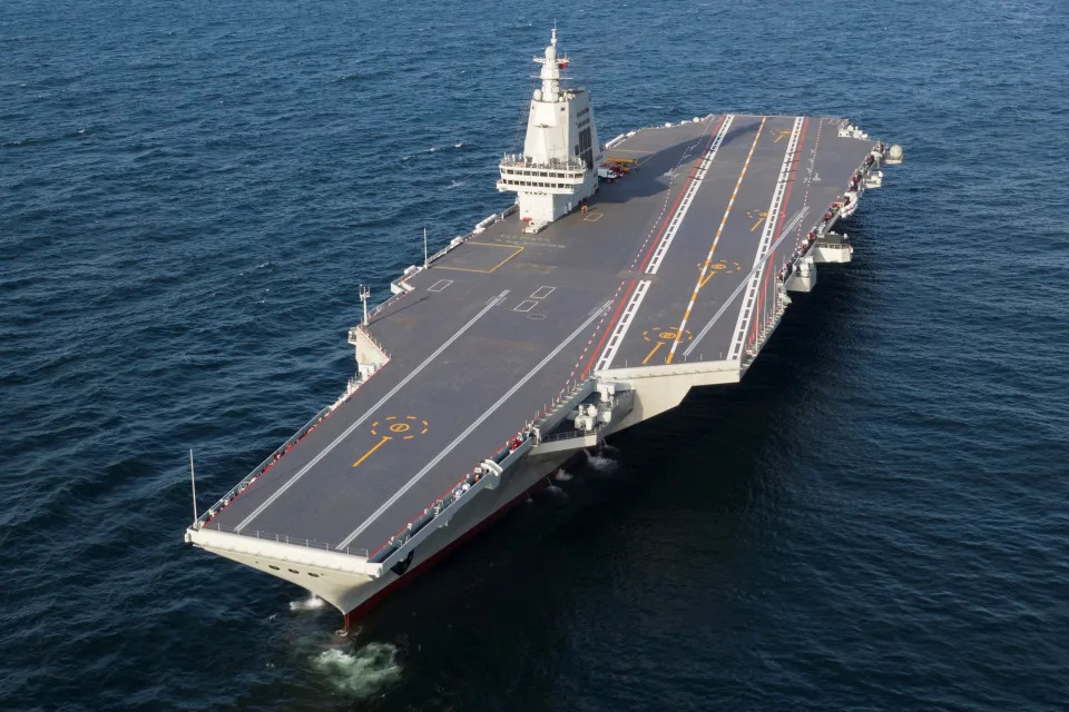 An aerial drone photo shows China's third aircraft carrier, the Fujian