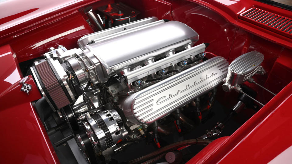The Chevrolet V-8 LS3 crate engine inside a 1966 Chevrolet Corvette convertible restomod.