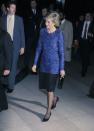 <p>After her arrival on the Concorde jet, Princess Diana attended a cocktail party for Dawson International, a British clothing company. The event was held at The Equitable Center, and the Princess wore a violet and black outfit by Catherine Walker, one of her favorite designers. </p>