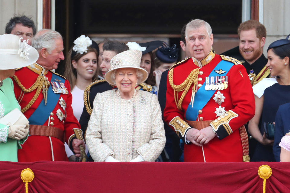 Image: Prince Charles, Prince of Wales, Princess Beatrice, Princess Anne, Princess Royal, Queen Elizabeth II, Prince Andrew, Duke of York, Prince Harry, Duke of Sussex and Meghan, Duchess of Sussex during Trooping The Colour, the Queen's annual birthday p (Chris Jackson / Getty Images)