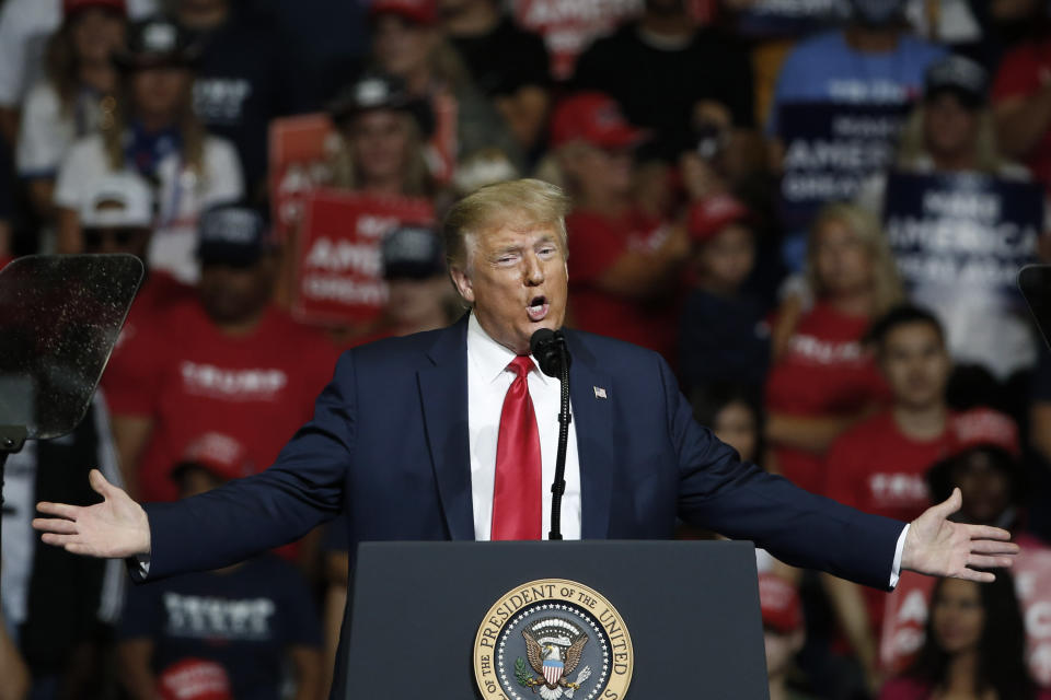 FILE - In this June 20, 2020, file photo, President Donald Trump speaks during a campaign rally in Tulsa, Okla. Trump’s reelection bid will take baby steps back out onto the road in the coming days after a multi-week hiatus that came amid a massive surge in coronavirus cases across much of the nation and after the debacle of his planned comeback in Oklahoma. (AP Photo/Sue Ogrocki, File)