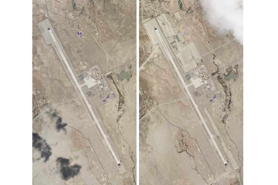 This combination of two satellite photos of the Ngari Günsa civil-military airport base taken on April 1, left, and May 17, 2020, near the border with India in far western region of Tibet in China show development around the airport. Tensions along the China-India border high in the Himalayas have flared again in recent weeks. Indian officials say the latest row began in early May, when Chinese soldiers entered the Indian-controlled territory of Ladakh at three different points, erecting tents and guard posts. China has sought to downplay the confrontation while providing little information. (Planet Labs via AP)