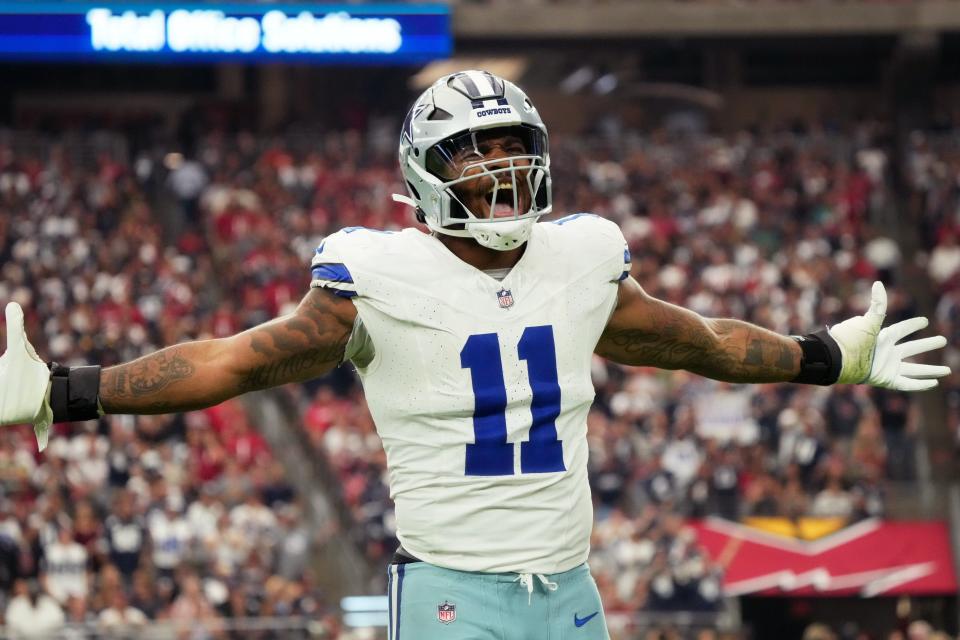 Dallas Cowboys linebacker Micah Parsons (11) celebrates his sack against the Arizona Cardinals at State Farm Stadium in Glendale on Set. 24, 2023.