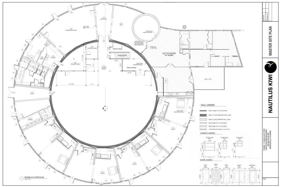 Permit plans for the round auditorium with adjourned studio apartments on Nautilus Drive in Monticello, Florida.