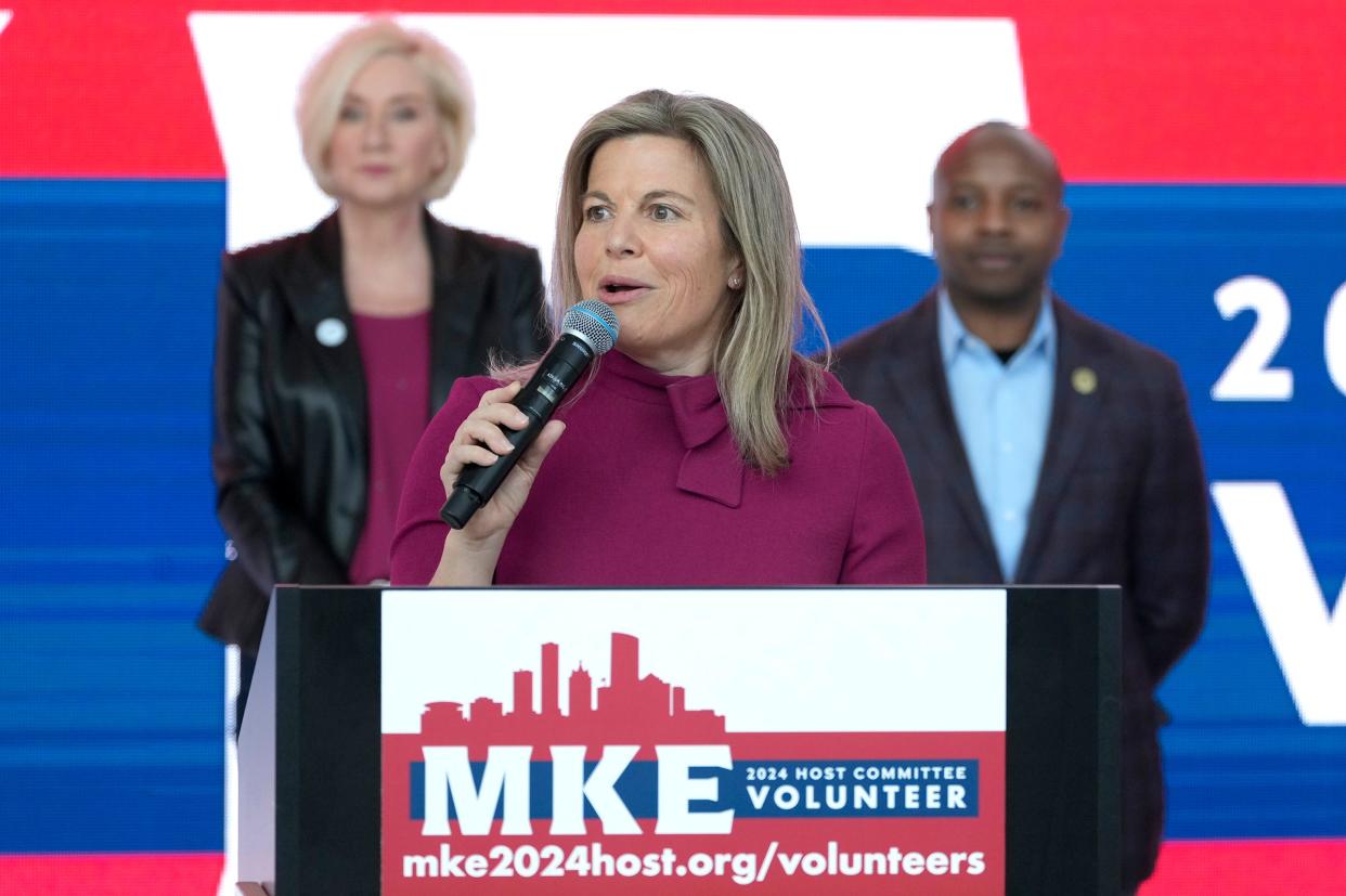 Alison Prange, COO of the MKE 2024 Host Committee speaks as members of the MKE 2024 Host Committee for the Republican National Convention held press conference launching their formal volunteer recruitment efforts at Fiserv Forum in Milwaukee on Friday, March 1, 2024. Organizers are looking for thousands of volunteers across a wide geographic area to fill shifts for the July 15-18 convention that will take place in downtown Milwaukee.