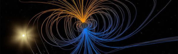 Eine Visualisierung des Magnetfeldes der Erde. 