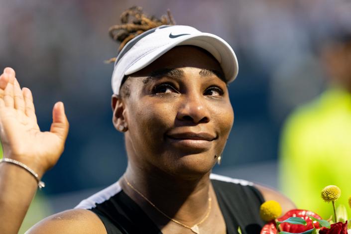 Serena Williams reacts after her National Bank Open tennis tournament second round match on August 10, 2022, at Sobeys Stadium in Toronto, ON, Canada. (Photo by Julian Avram/Icon Sportswire via Getty Images)