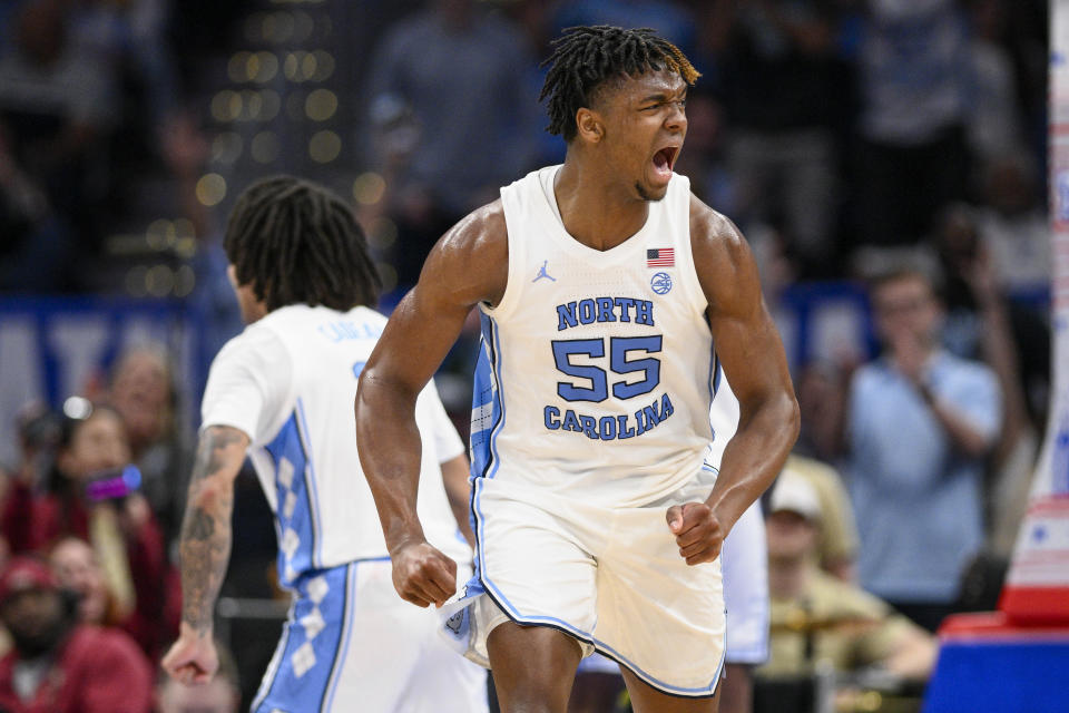 North Carolina forward Harrison Ingram celebrates during the first half of an NCAA college basketball game against Florida State in the quarterfinal round of the Atlantic Coast Conference tournament, Thursday, March 14, 2024, in Washington. (AP Photo/Nick Wass)