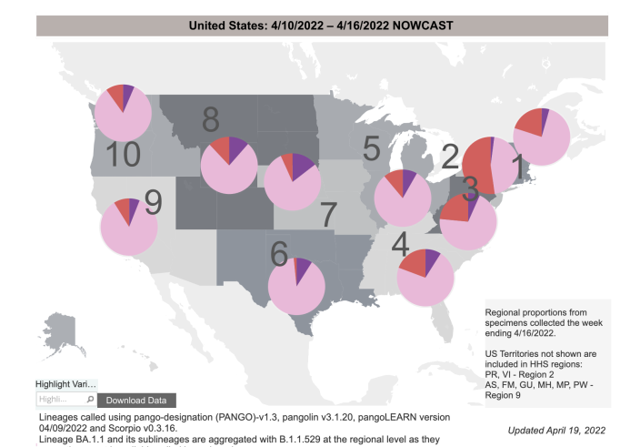 A graphic showing the regional distribution of BA.2.12.1 (in orange) vs BA.2 (pink)