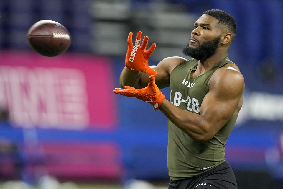Clemson linebacker Trenton Simpson runs a drill at the NFL football scouting combine in Indianapolis, Thursday, March 2, 2023. (AP Photo/Darron Cummings)