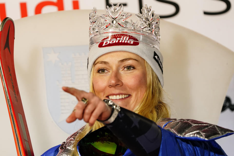 The winner United States' Mikaela Shiffrin celebrates after an alpine ski, women's World Cup slalom race, in Zagreb, Croatia, Wednesday, Jan. 4, 2023. (AP Photo/Piermarco Tacca)