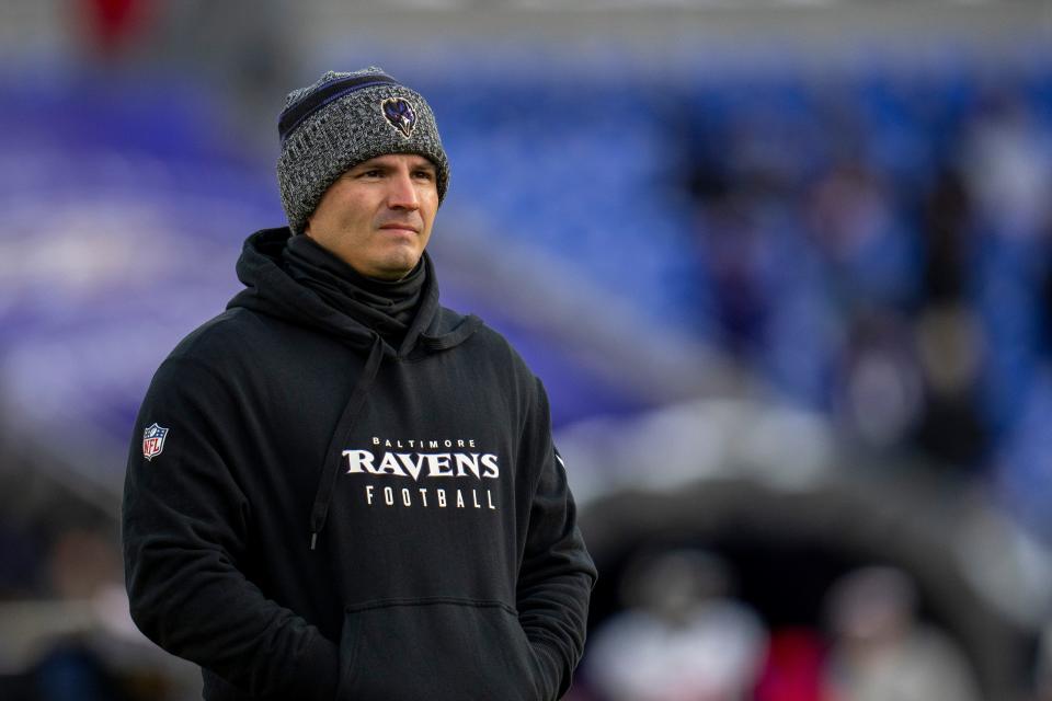 Baltimore Ravens defensive coordinator Mike Macdonald looks on prior to an NFL football AFC divisional playoff game between the Baltimore Ravens and the Houston Texans, Saturday, Jan. 20, 2024, in Baltimore. The Ravens won 34-10. (AP Photo/Julio Cortez) ORG XMIT: NYOTK