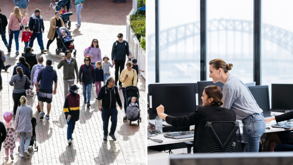 Australian workers walking. Workers in Sydney. Unemployment rate concept.