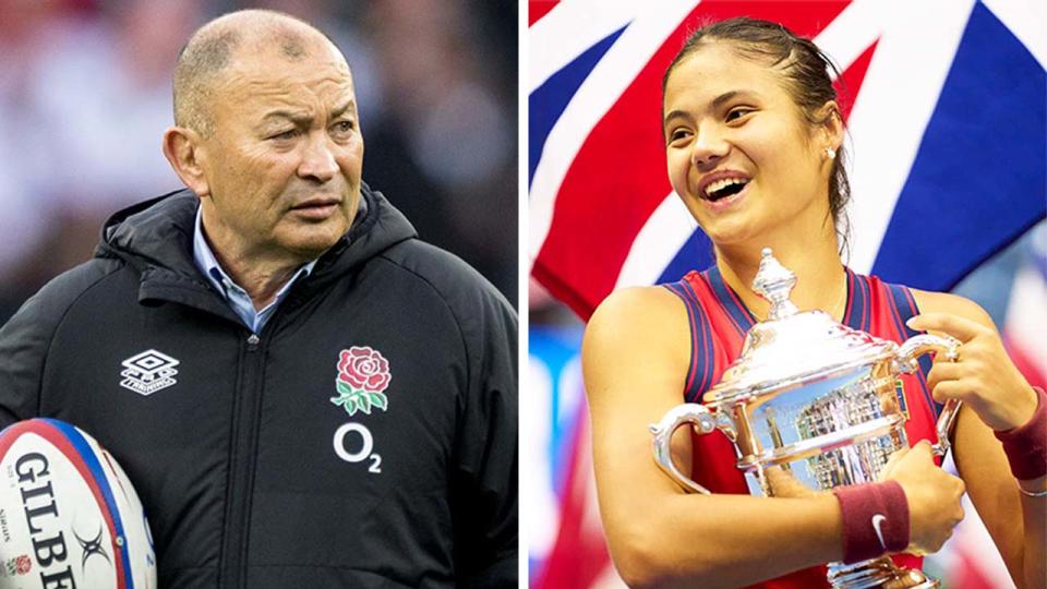 England coach Eddie Jones (pictured left) holding a ball before the game and (pictured right) Emma Raducanu holding the US Open trophy.