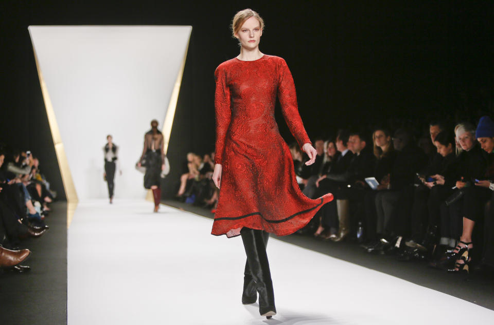 Fashion from the Fall 2013 collection of J. Mendel is modeled on Wednesday, Feb. 13, 2013 in New York. (AP Photo/Bebeto Matthews)