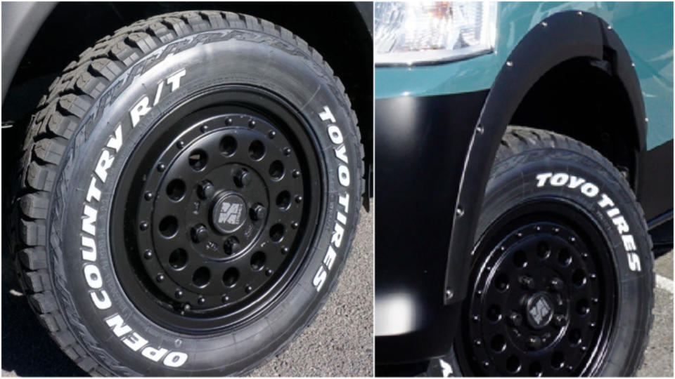 廠商選用MLJ Extreme J樣式的14吋黑色輪框，為80年代許多越野車常見的圓盤模樣，搭配165/80 R14的Toyo Open Country R/T越野胎。(圖片來源/ atozcamp)