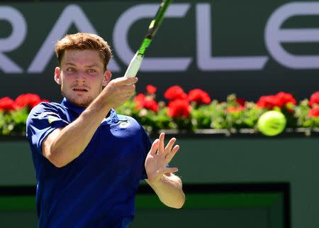 Mar 16, 2016; Indian Wells, CA, USA; David Goffin (BEL) during his 4th round match against Stan Wawrinka (SUI) in the BNP Paribas Open at the Indian Wells Tennis Garden. Goffin won 6-6-3, 5-7, 7-6. Mandatory Credit: Jayne Kamin-Oncea-USA TODAY Sports