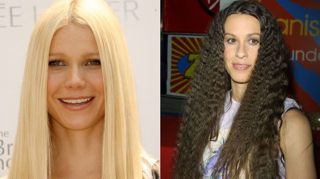 Gwyneth Paltrow is pictured sporting pin-straight hair, while Alanis Morissette is shown with crimped hair. (Photo: Jim Spellman / Mirek Towski / Getty Images)