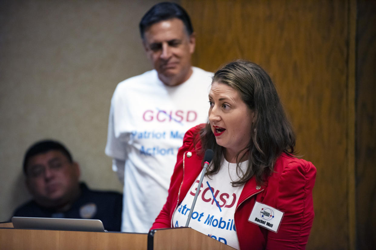 Image: Rachel Wall during the “Public Comment” portion of  a Grapevine-Colleyville Independent School District school board meeting in Grapevine, Texas on  Aug. 22, 2022. (Emil T. Lippe for NBC News)