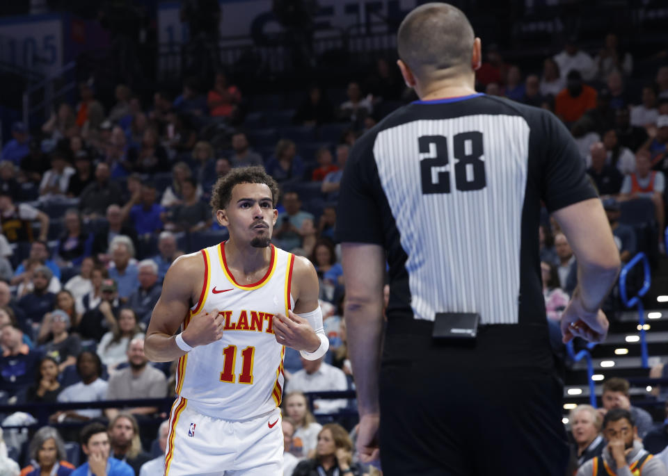 Nov 6, 2023; Oklahoma City, Oklahoma, USA; Atlanta Hawks guard Trae Young (11) reacts after call during the second half against the Oklahoma City Thunder at Paycom Center. Oklahoma City won 126-117. Mandatory Credit: Alonzo Adams-USA TODAY Sports