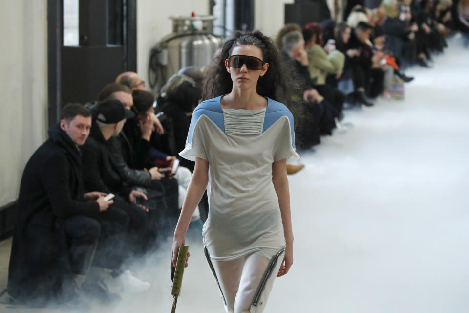 A model wears a creation for the Rick Owens fashion collection during Women's fashion week Fall/Winter 2020/21 presented in Paris, Thursday, Feb. 27, 2020. (AP Photo/Francois Mori)