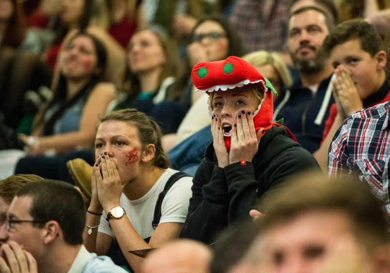 Wales fans react to Portugal's first goal as they watch a screening of their team playing in the Euro 2016 semi-finals in Lyon, in Cardiff, on July 6