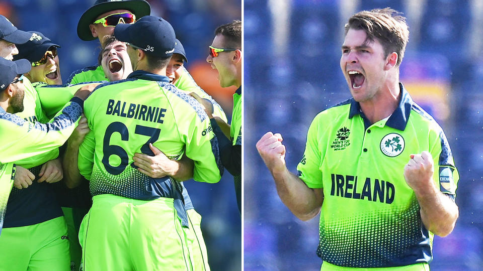 Seen here, Ireland's Curtis Campher celebrates his double hat-trick against the Netherlands.