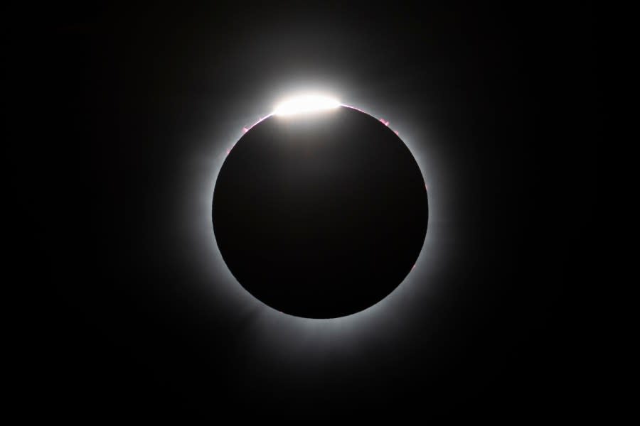 The "diamond ring" effect is seen during a total solar eclipse in Magog, Quebec, Canada, on April 8, 2024. (Photo by Stan Honda / AFP) (Photo by STAN HONDA/AFP via Getty Images)