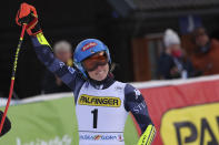 FILE - United States' Mikaela Shiffrin celebrates winning an alpine ski, women's World Cup giant slalom race, her 82nd win, matching Lindsey Vonn's women's World Cup skiing record, in Kranjska Gora, Slovenia, Sunday, Jan. 8, 2023. Shiffrin isn't putting the same pressure on herself for the upcoming world championships, starting on on Feb. 6, 2023 in Courchevel and Meribel, France, that she did for last year's Beijing Olympics. The event is Shiffrin's first major championship since American skier didn't win a medal and didn't finish three of her five races at the Olympics. (AP Photo/Marco Trovati, File)