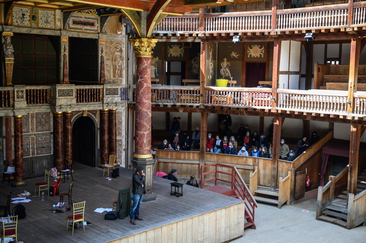 A group takes part in a guided tour following the re-opening of The Globe Theatre on April 14, 2021, in London, England.