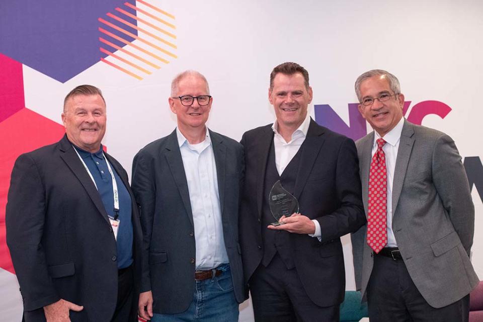 (from l.): Joe Schramm, Schramm Marketing Group; Kent Gibbons, content director, B+C, Multichannel News and Next TV; NBCUniversal Telemundo’s Miguel Gurwitz, winner of the Award for Leadership in Hispanic TV Programming; and Joe Torres of WABC New York.