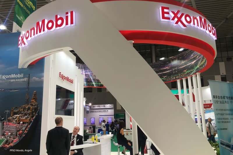 FILE PHOTO: Booth of U.S. major ExxonMobil is seen at the China (Dongying) International Petrochemical Trade Exhibition in Dongying