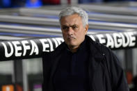 Roma's head coach Jose Mourinho walks in his coaching zone during the Europa League round of 16 second leg soccer match between Real Sociedad and Roma at the Reale Arena in San Sebastian, Spain, Thursday, March 16, 2023. (AP Photo/Alvaro Barrientos)