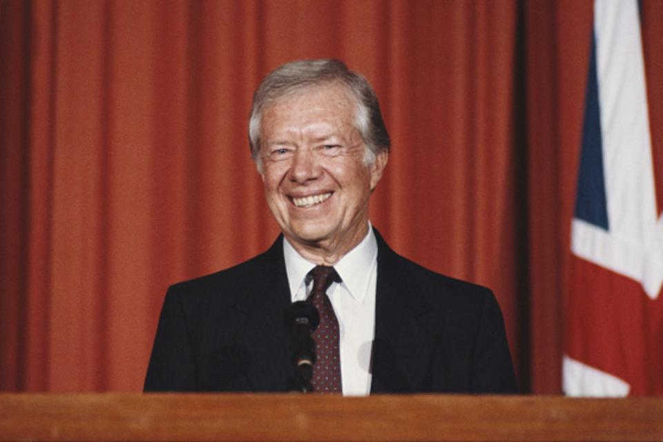 Former US President Jimmy Carter holds a press conference at the American Embassy in London, UK, in 1986 (Getty Images)