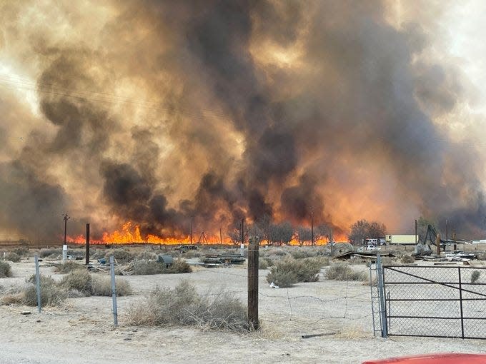 The Heritage Fire in Oro Grande, Calif., on Monday, March 14, 2022,  threatened structures.
