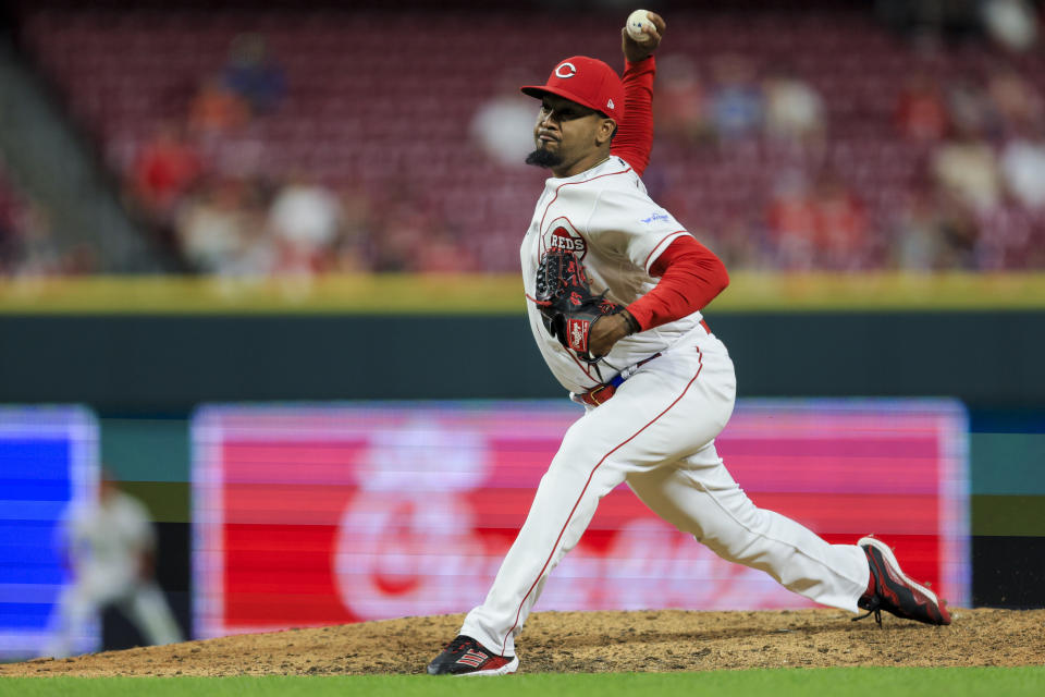 Cincinnati Reds' Alexis Diaz throws during the ninth inning of a baseball game against the New York Mets in Cincinnati, Tuesday, May 9, 2023. The Reds won 7-6. (AP Photo/Aaron Doster)