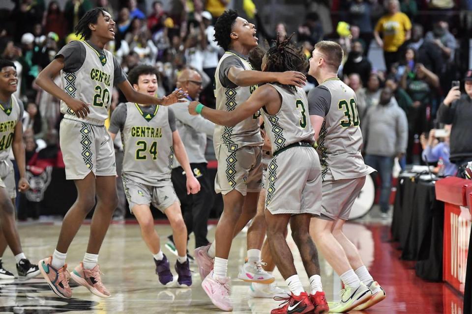 The Central Cabarrus Vikings celebrate after their 65-51 victory over Northwood in the NCHSAA 3A Boys Basketball Championship Game. The Northwood Chargers and the and the Central Cabarrus Vikings met in the NCHSAA 4A Championship Game in Raleigh, NC on March 11, 2023.