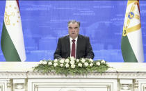 In this image taken from video provided by UN Web TV, Emomali Rahmon, President of Tajikistan, remotely addresses the 76th session of the United Nations General Assembly in a pre-recorded message, Thursday Sept. 23, 2021 at UN headquarters. (UN Web TV via AP)