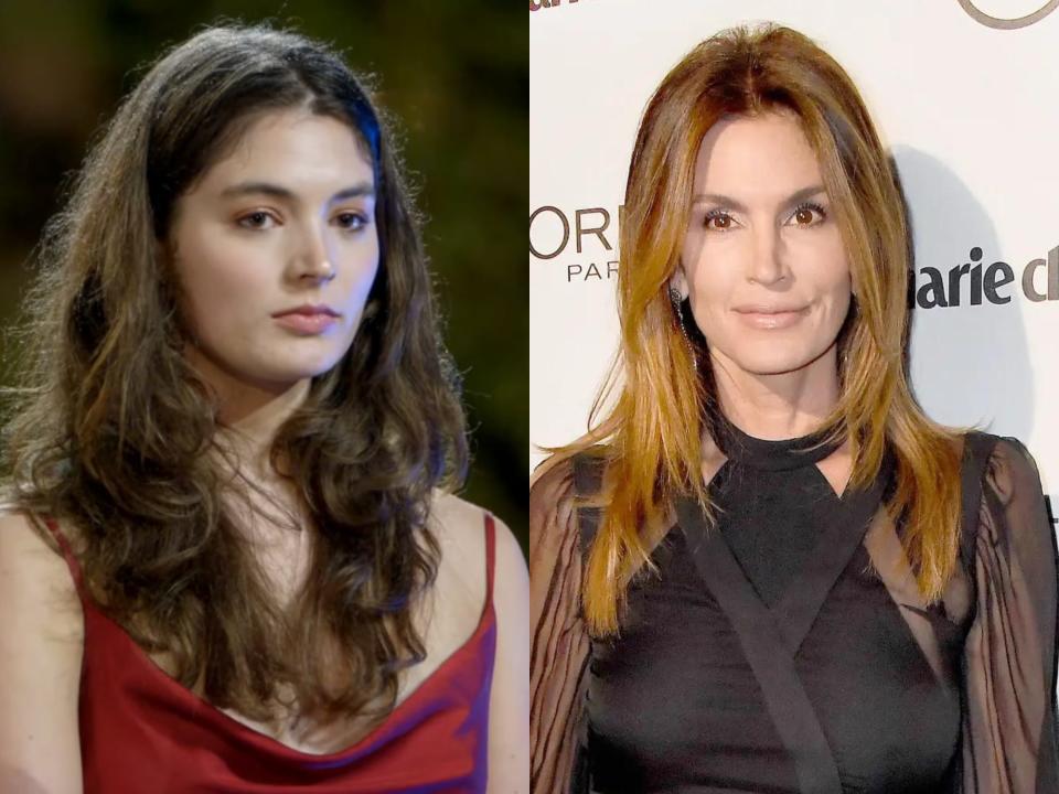 left: lark skov, a young woman with long brown hair; right: cindy crawford, a middle aged woman with log honey brown hair