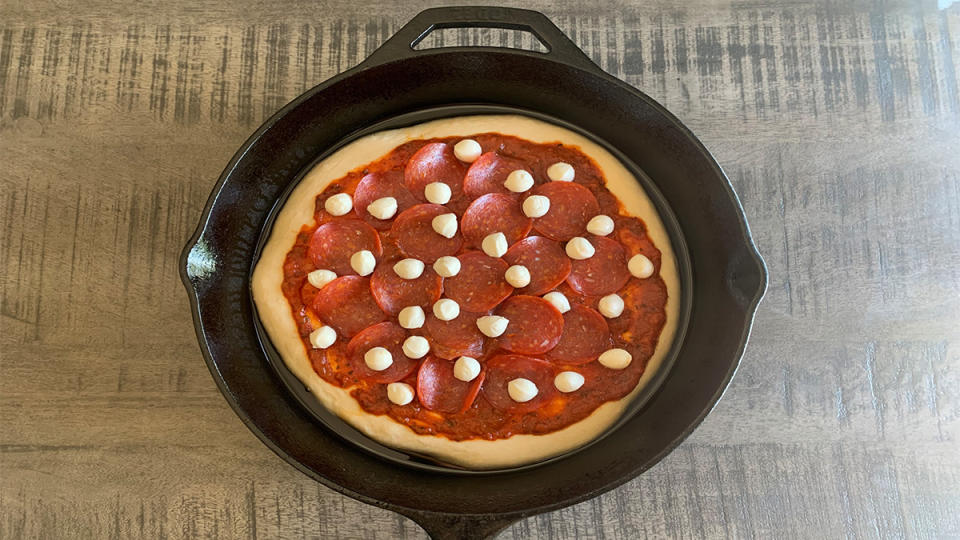 Step 4 of making cast iron skillet pizza