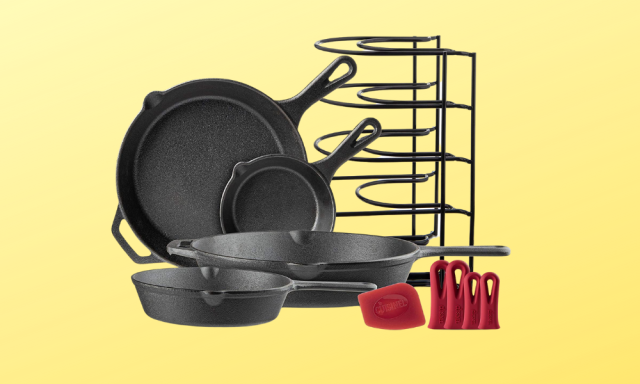 Cuisinel Cast Iron Skillets Set + Glass Lids - 8+10+12 Frying Pans + Pan  Rack Organizer + Scraper + Heat-Resistant Handle Holders - Pre-Seasoned