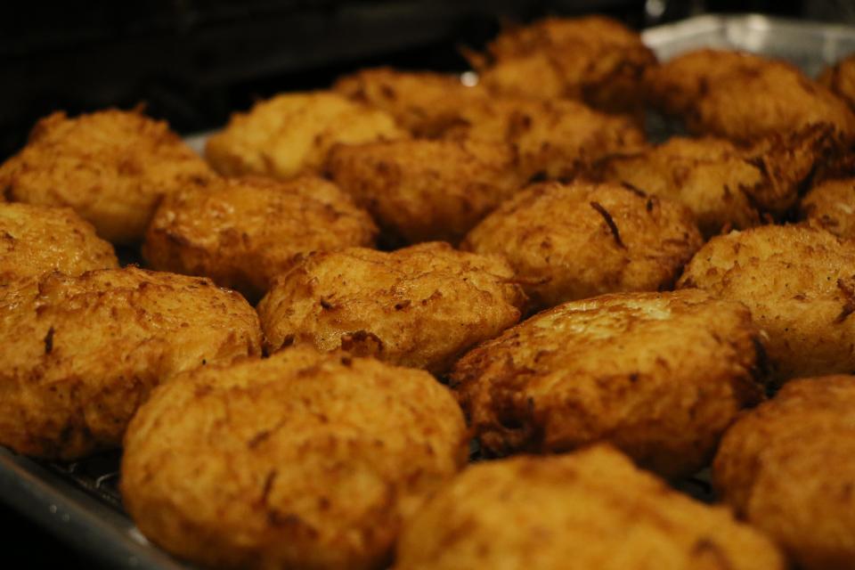 Fresh fried latkes, made by Ronkin.